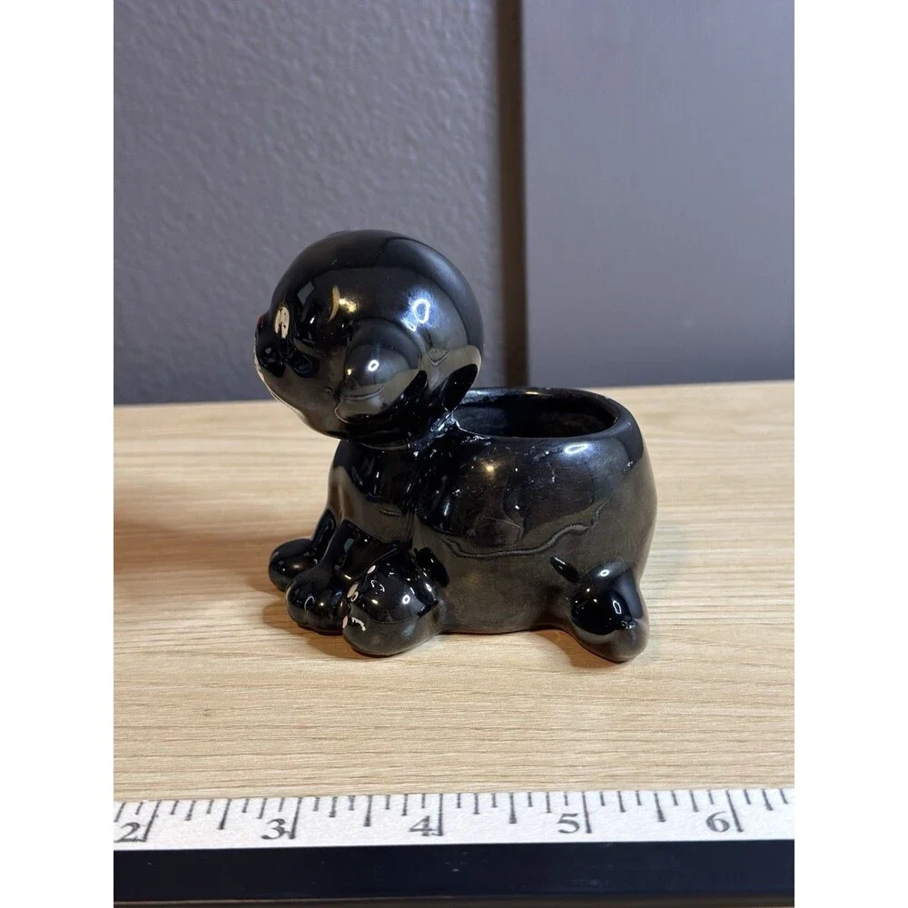 Vtg Redware Black Cat Figurine Candle Holder Kitschy Japan MCM Big Eye Halloween